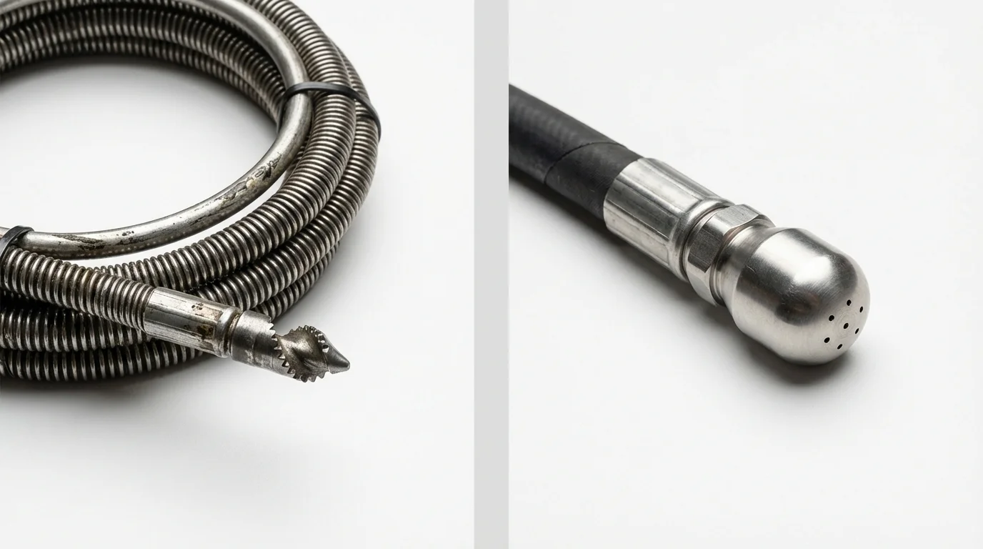 Drain snake cable and hydro jetting nozzle used for drain cleaning in Hamburg, IA