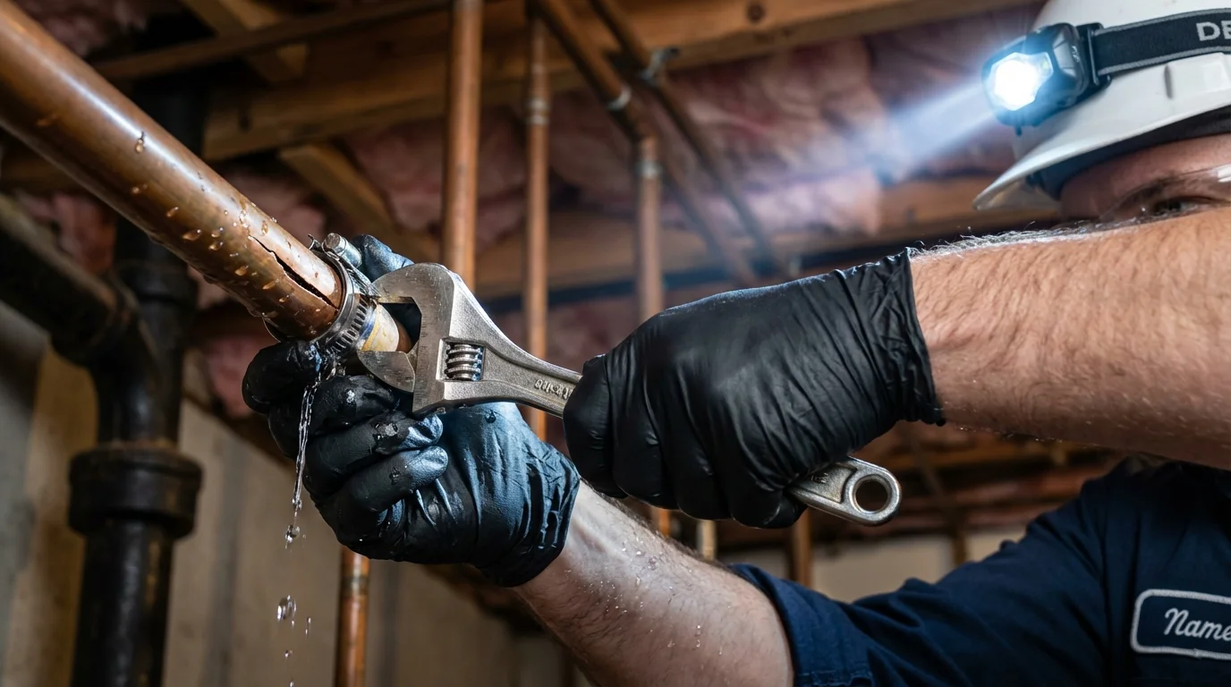 Emergency pipe clamp repair being performed by a Johns Plumbing LLC plumber in Hamburg
