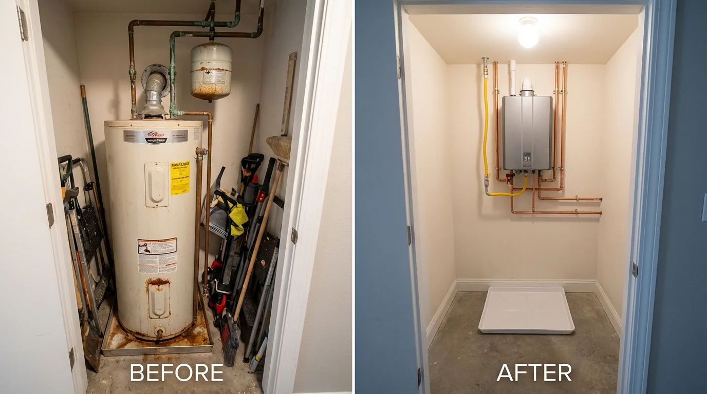 Tank water heater versus wall-mounted tankless unit comparison for Hamburg, IA homeowners