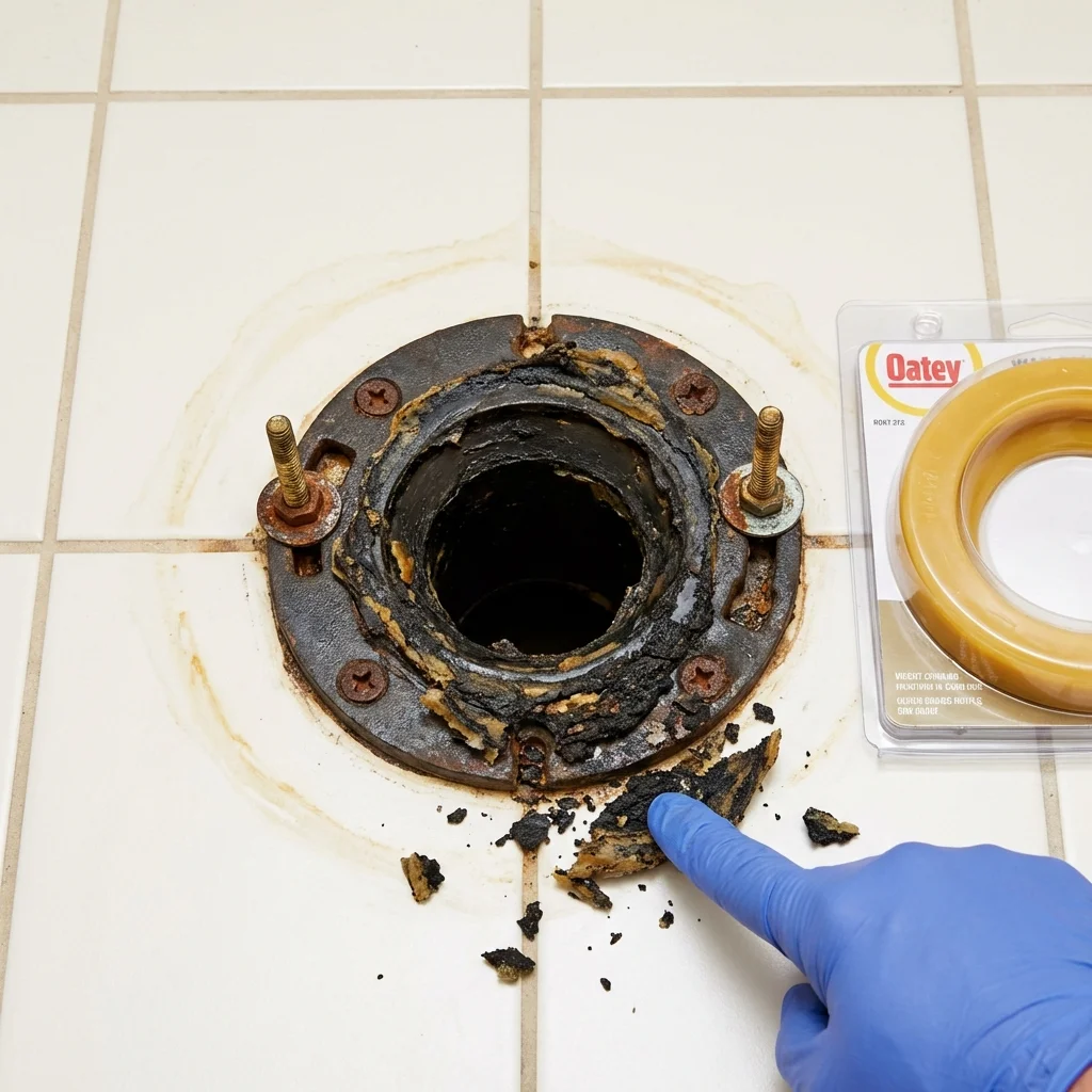 Failed wax ring showing water seepage at the base of a toilet in a Hamburg, IA home