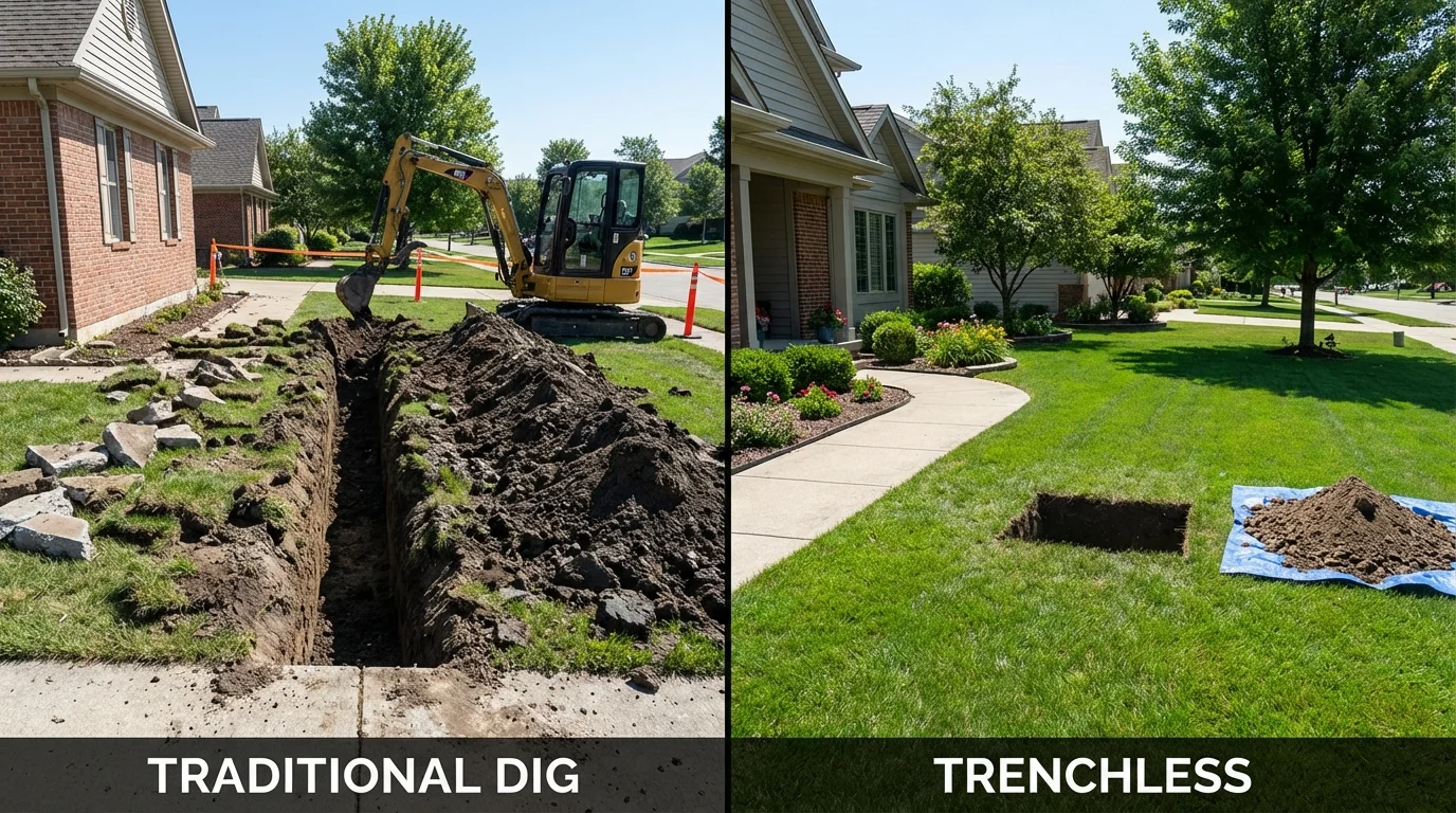 Trenchless sewer repair with minimal yard damage versus traditional excavation in Hamburg, IA