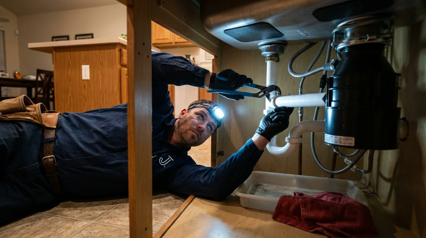 P-trap and supply line connections under a kitchen sink showing a common leak point in Hamburg, IA
